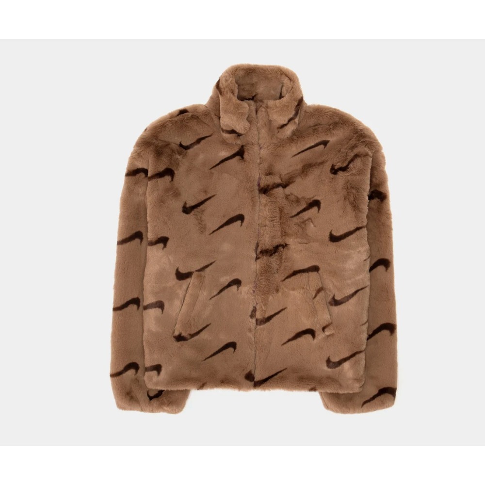 New NIKE SPORTSWEAR FAUX FUR JACKET Large Women Driftwood/Cacao Wow DQ6842-25